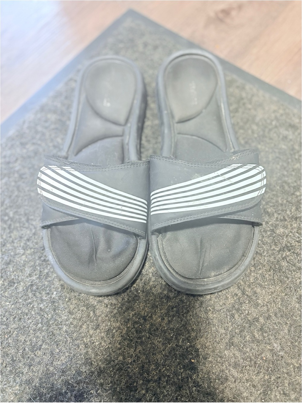 Black Slide Sandals with Striped Strap